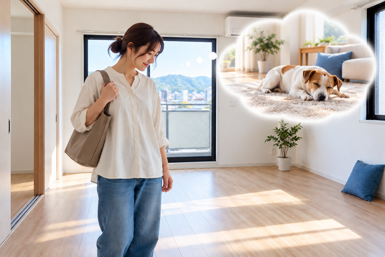内見中の女性が、犬と暮らす様子を思い描いている