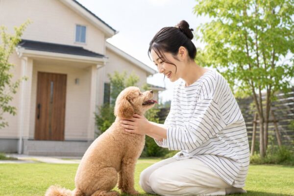 一戸建て物件と犬と女性